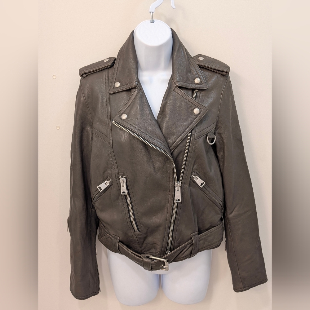 ALLSAINTS Gidley Lamb Leather Taupe Biker Jacket Women's Size 6